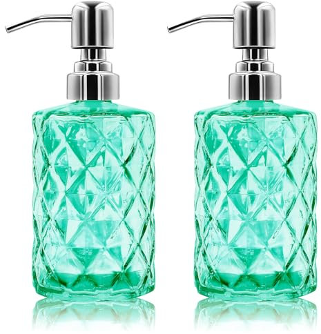 2 Pack 12 Oz Glass Soap Dispenser with Stainless Steel Pump, Refillable Liquid Hand Soap Dispenser for Bathroom, Vanity Countertop, Kitchen Sink, Laundry Room, Home Decor Accessories (Green)
