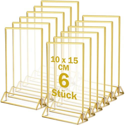 Kinmsito Goldener doppelseitiger Bilderrahmen,6 Stück Acryl Gold Schildhalter,Tischaufsteller 10x15cm,Vertikalem Ständer Goldrahmen für Hochzeitstischnummern,Speisekartenhalter,Fotorahmen