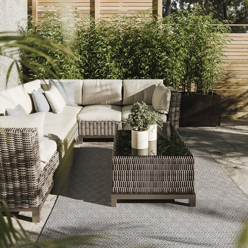 Interiyou Outdoor Teppich Wetterfest Lome - 240x350 cm Blau - geometrische Muster - UV-beständig für Draußen: Balkon, Terrasse, Garten oder Küche - Flachgewebe Aussenteppich
