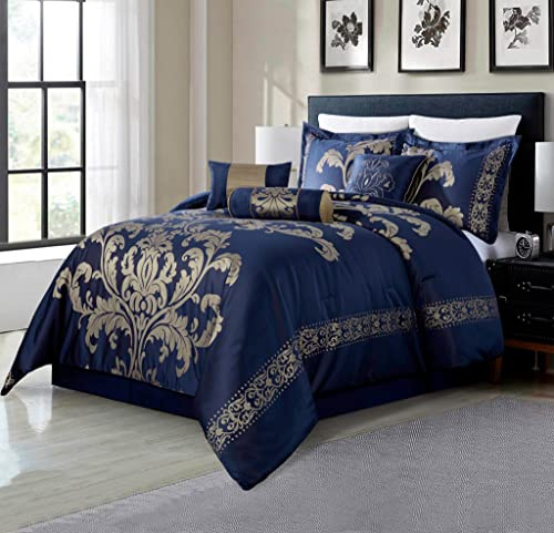 Chezmoi Collection Royale 7-Piece Jacquard Floral Comforter Set, Oversized Queen, Navy/Gold
