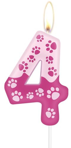 Geburtstagskerzen mit Hundepfoten-Motiv, rosa Zahlenkerzen zum 4th Geburtstag, rosa Zahl 4 für Kuchen, rosa Hundepfotenabdruck, Kuchenaufsatz für Mädchen und Jungen Geburtstagsparty-Dekorationen