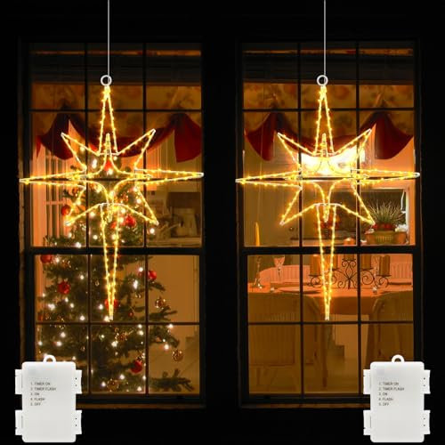 echosari 2 Stück Bethlehem LED Stern Fensterlichter Batterie, 120 LEDs Hängende weihnachtsdeko fenster mit Timer Metall Weihnachtsstern Lichtervorhang Dekorationen Innen und Außenbereich Warmweiß