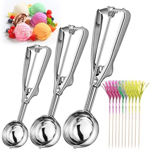 3 Pcs Ice Cream Scoop with Trigger, Mash Potato Scoop, Potato Scoop, Cupcake Scoop 304 Stainless Steel Ice Cream Scoop for Melon, Muffin, Sorbet, Cupcake, Meatball, and Cookie Dough Scoop