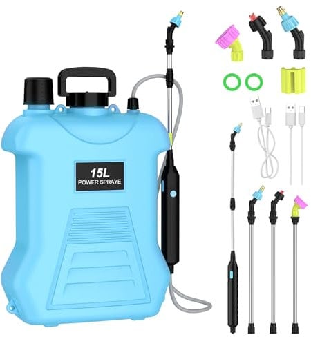 Pompa Irroratrice a Batteria, 15L Spruzzatore Elettrico per Diserbo con 3 Ugelli per Nebbia, 1.5Ah Batteria, Asta Telescopica, Ricaricabile USB, Nebulizzatore a Batteria per Giardino, Cortile (Blu)