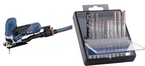 Bosch Professional Stichsäge GST 90 E (1x Sägeblatt, Absaug-Set) + 10x PRO Hardwood and Laminate Stichsägeblatt-Set (für Hartholz, Parkett, Länge 83 mm, Zubehör)