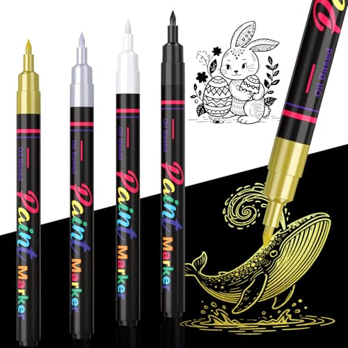 SAKEYR Permanent Lackstifte 0,7 mm (4er-Set) – Ölbasierte, schnelltrocknende, wasserfeste Feinspitze, Schwarz, Weiß, Gold, Silber für Glas, Stein, Holz, Metall, Reifen, Kunststoff, Papier