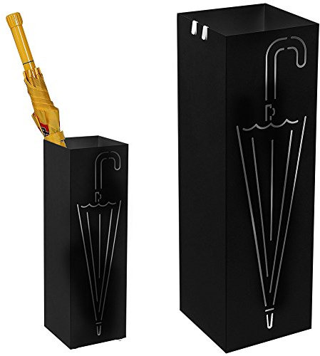 BAKAJI Portaombrelli Stand in Ferro Design BAK3B Forma Quadrata Nero con Decorazione Intarsio Ombrello Vaschetta Salvagoccia e Ganci per Ombrelli Pieghevoli Dimensioni 49 x 15,5 cm