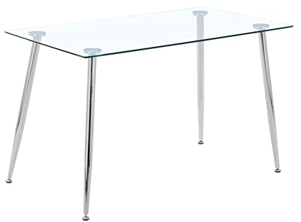 GOLDFAN Table a Manger en Verre, Table Salle à Manger Rectangulaire avec Pieds Chromé en Métal de Cuisine, Argent