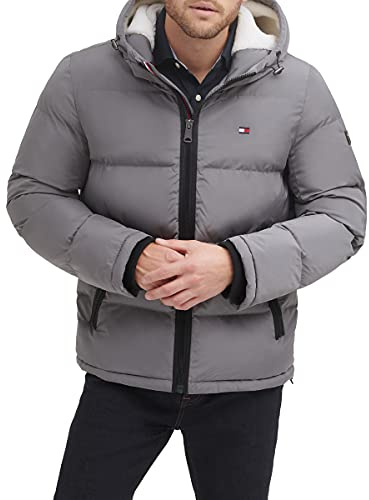 Tommy Hilfiger Men's Hooded Puffer Jacket Down Alternative Outerwear Coat, Smoke Poly Tech, XL