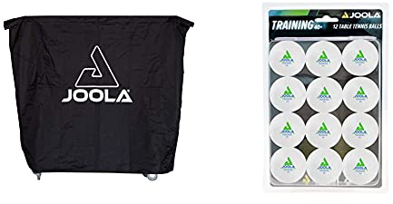 JOOLA Tischtennistisch Abdeckung Tischabdeckung Wetterfeste Schutzhülle Outdoor und Indoor, Schwarz, 150 x 160 x 50-80 cm & Tischtennis-Bälle Training 40mm, Weiß, 12er Blister Pack