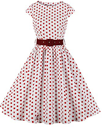 AXOE Femme Robe Vintage Années 50 Tissu Coton Respirant Coupe A-Line Ceinture Amovible Col Bateau Blanche à Pois Rouge, Taille 42, L