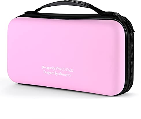 KUOCDSIK CD Tasche, 96 Kapazität Hart Eva Blu-ray CD-Brieftasche Doppelreißverschluss Handschlaufe Tragbare Disc Organizer DVD Hülle für Autofahrten (96 Kapazität, Rosa96)