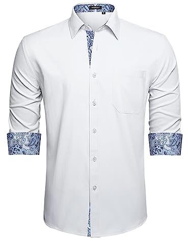 HISDERN Mens White Shirts Regular Fit Business Work Dress Shirt Formal Business Long Sleeve Regular Fit Designer Formal Business Wedding Non Iron with Pocket L
