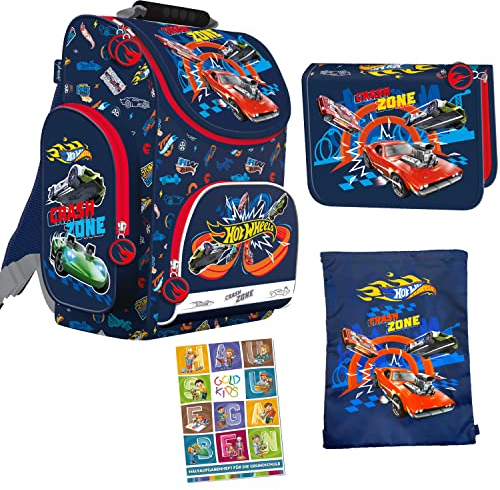 Goldkids Hot Wheels Schulranzen ergonomischer Ranzen Federmappe Turnbeutel Aufgabenheft für die Grundschule 4er Set. Lizenzware