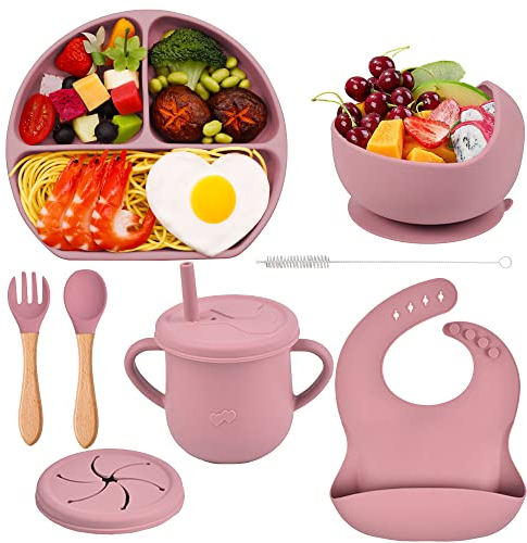 Hoseay Vajilla Bebe Silicona 8 Piezas Vajilla Infantil Antideslizante con Ventosa Plato Cuenco Cuchara Vaso Tenedor Babero Vajilla Bebe Set Aprendizaje Niña Sin BPA para Lavavajillas, Rosa