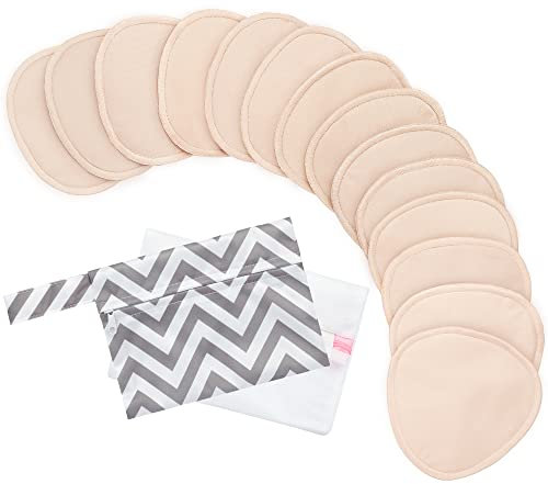 14 Bio Bambus Stilleinlagen – Waschbare Stilleinlagen zum Stillen, Weich Wiederverwendbare Stilleinlagen, Mehrweg Stilleinlagen, Still-BH-Brustwarzeneinlagen + Wäschebeutel (Bare Beige, L 12 cm)