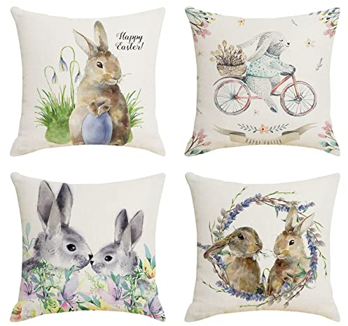 4er Set Kissenhülle Ostern Happy Easter Dekoration Kissenbezüge Osterdeko Baumwolle Leinen Kissenbezüge Ostern Hase Sofa Kissen für Wohnzimmer Büro Auto Dekor