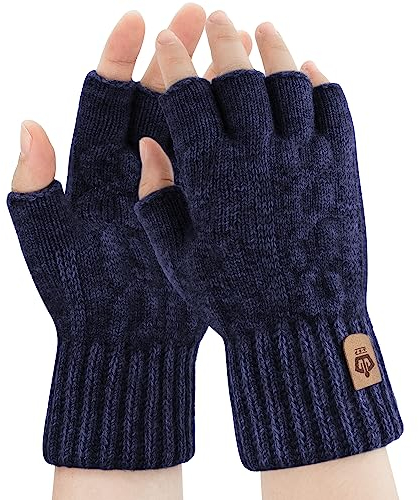 ARFNKIM Half Finger Gloves Winter Thickened Thermal Knitted Working Running Biking Driving Fingerless Gloves for Men Women (Dark blue)
