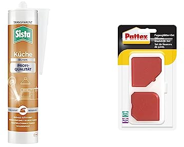 Bundle aus Sista Küche Profi-Qualität Silikon, transparent, 1x280ml Kartusche + Pattex Fugenglätter Set, 9 Fugenspachtel zum professionellen Glätten, 1 Set inkl. Aufbewahrungsbox