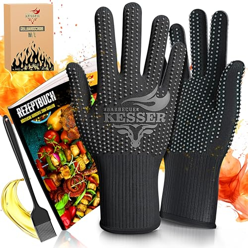 KESSER® Grillhandschuhe XXL, auch für Topf und Kamin, hitzebeständig bis 500°, atmungsaktiv, Rutschfester Griff, Aramid-Gewebe, maschinenwaschbar, inkl. Rezeptbuch & Kochpinsel, Größe M-L, Anthrazit