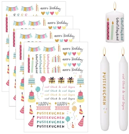 Bolosa 4 Stück Kerzentattoos Geburtstag, Wasserschiebefolie Geburtstag, Rub on Sticker Geburtstag, Kerzen Tattoo Geburtstag, Kerzen Sticker Geburtstag, 19x14cm Kerzentattoo Geburtstag, DIY A