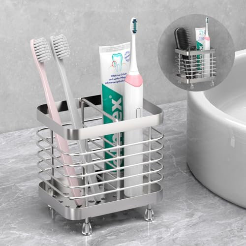 Luxspire Zahnbürstenhalter, Edelstahl Elektrischer Zahnbürsten Halter, Wand Ohne Bohren Zahnbürsten Caddy mit Abflusslöchern für Zahnpasta Organizer Bad, Zahnbürstenköpfe Halter, Silber