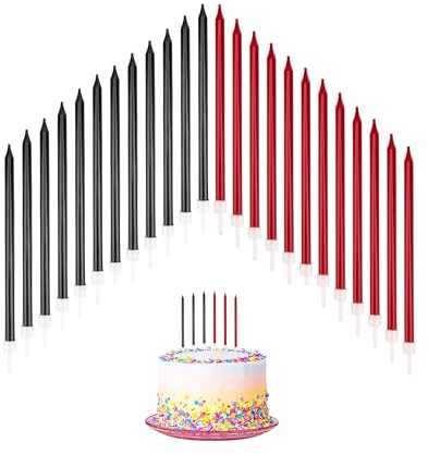 24 PCS Birthday Candles for Cakes, Cake Sparklers with Holders, 13.5CM Long, for Baby Birthday Wedding Party Decoration, Red & Black
