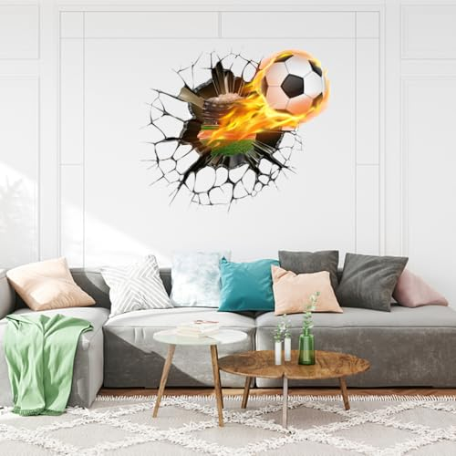aupawdy Wandtattoo Fussball, Fußball Wandtattoo 3D Wandsticker Fussball Kinderzimmer Jungen Selbstklebende Durchbruch Poster Junge Fußball Teenager Sport Wand Deko für Jugendzimmer Schlafzimmer