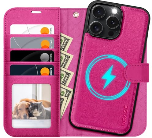 OCASE Housse Magnétique Amovible 2 en 1 pour iPhone 16 Pro Max Fuchsia | Portefeuille 2-en-1 Aimanté, Coque à Rabat en Cuir PU, Blocage RFID, Support Intégré, Fentes pour Cartes, Antichoc