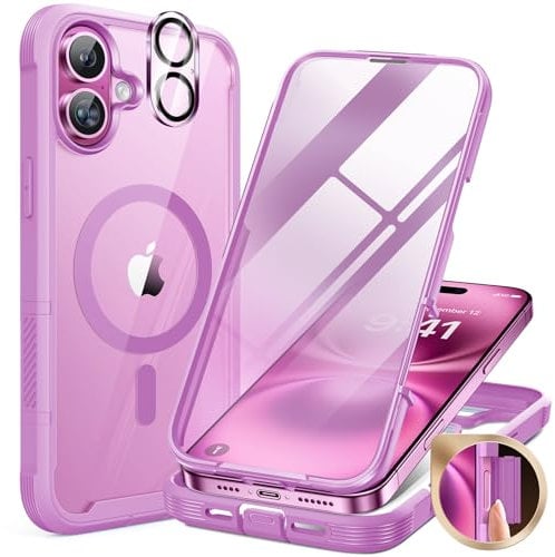 Miracase 360 Grad für iPhone 16 Hülle mit Magsafe, Eingebaut Glas Schutzfolie, Komplettschutz HandyHülle Magnetisch Stoßfest Case für iPhone 16 Schutzhüllen 6,1 Zoll, Rosa