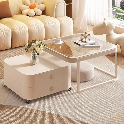 Moderno juego de mesa de centro de cristal con diseño anidado y ruedas universales para sala de estar, dormitorio y balcón, juego de 2 (cristal transparente de 27,6 + 23,6 pulgadas)