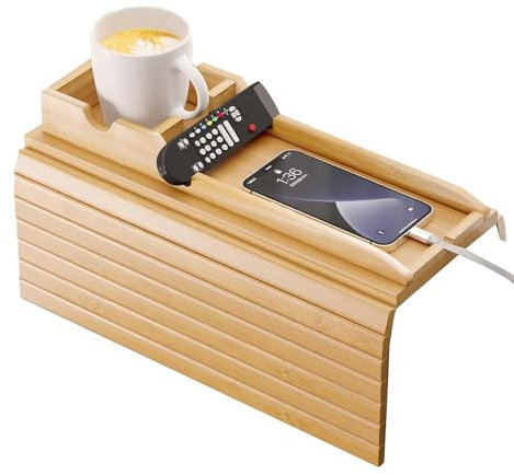 Sofa Arm Tray, Foldable Anti-Slip Wooden Couch Armrest Tray with Side Storage Pocket and Phone Holder, Square Sofa Armrest Table for Drinks, Snack, Magazine, and Remote