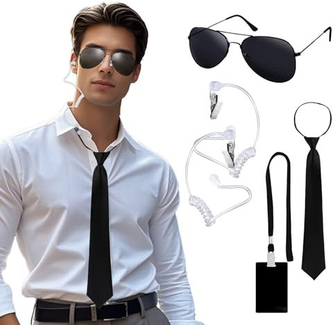 Agent Accessories Set Spion Ohrhörer Spielzeug Geheimdienst Kostüm Zubehör Chauffeur Cosplay mit schwarz Sonnenbrille Zip Krawatte Hörer ID Karte Security Guard für Fasching Karneval Halloween Party