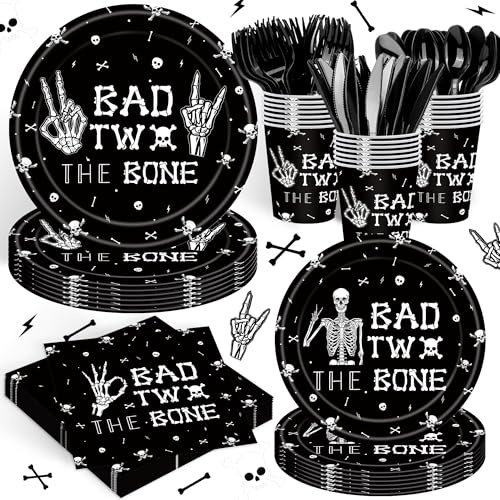 140Pcs Bad Two The Bone Paper Plates and Napkins Skeleton 2nd Birthday Party Supplies Music Rock and Roll Tableware Set for Black Halloween Boys Kids Serve 20