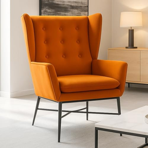 Ya-Home Fauteuils de Salon Confortable en Velour Fauteuil Scandinave avec Pieds en Métal Chaises de Lecture Relaxantes à Dos de l'Aile (Orange)