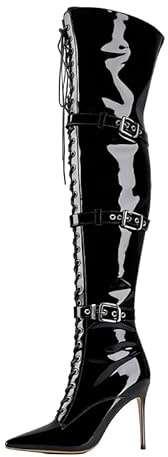 Veelau Meieer Damen Stiefel Stiletto Schnürstiefel Motorrad Overknees mit Riemen Schnallen Reißverschluss