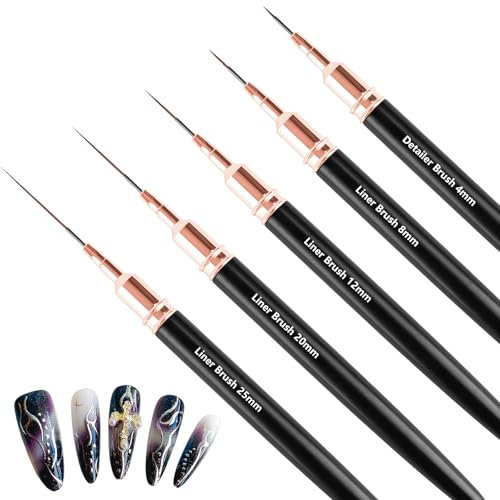 MOXYOY Nail Art Liner Brushes, 5Pcs Liner Brushes Set, Fingernails Drawing Tool for Thin Details, Long Lines, Gel Polish Painting & Nail Design, Sizes 4/8/12/20/25mm