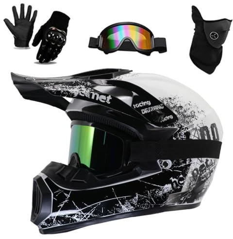 Kinder-Motocrosshelm, Offroad-Motorradhelm, Leichter, stoßfester ATV-, BMX-, Downhill-, Mountainbike- und Quad-Helm mit Brille, Handschuhen und Gesichtsschutz(D,L(57-58CM))