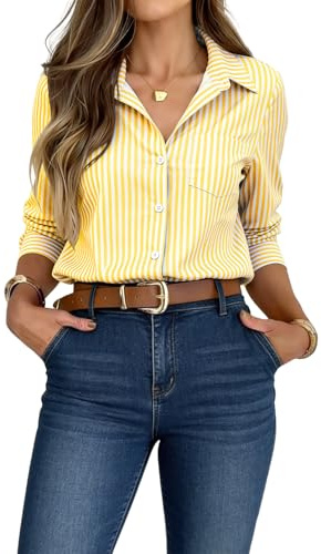 crazy bean Camicia Donna Manica Lunga Camicetta Bluse a Righe Elegante da Lavoro con Bottoni Copricostume Mare Casual Giallo M