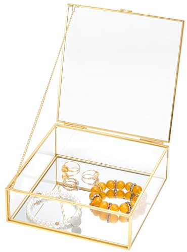 UNICRAFTALE Goldene Glas Schmuckdose 6cm Quadratisch Transparent Mit Weichem Scharnier Breite Transparente Präsentationsbox Einhändig Zu Öffnen Aufbewahrung Für Schmuck Erinnerungsstücke Und Uhren