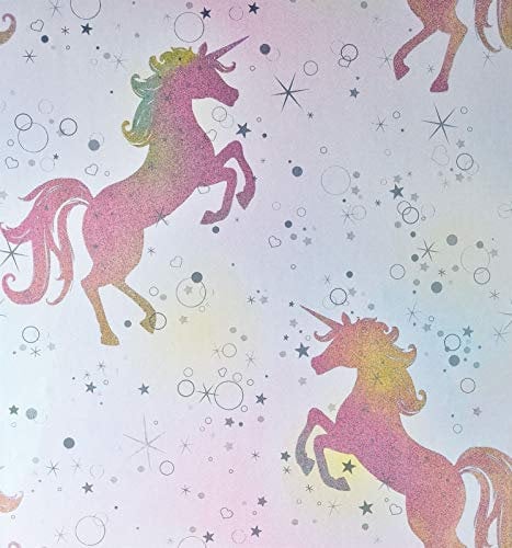 Girls Pink Purple Unicorn Theme Silver Glitter Vinyl Wallpaper Metallic Effect