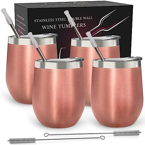 CHILLOUT LIFE Weingläser aus Edelstahl, doppelwandig, vakuumisoliert, mit Deckel und Strohhalmen, Set für Kaffee, Wein, Cocktails, Roségold, 4 Stück