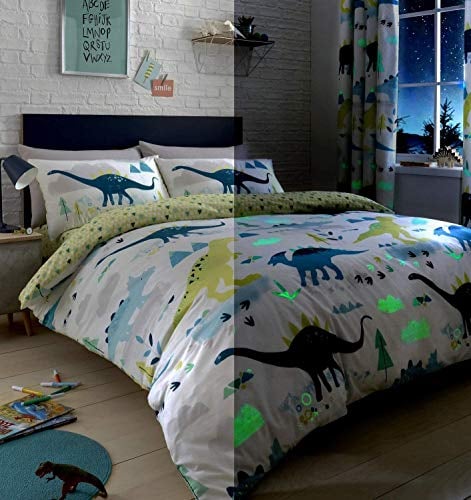 Bedlam Dino-Bettwäsche-Set, leuchtet im Dunkeln, Mehrfarbig, Doppelbett, Mehrfarbig, Duvet Cover Set: Single