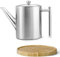 hohe matte doppelwandige Edelstahl Teekanne 1.2 Liter & klassischer Teebereiter mit Tee-Filter Sieb-Einsatz für losen Tee & runder brauner Holzuntersetzer