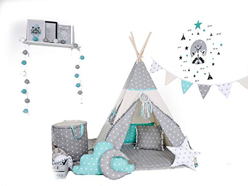 Rainbow Kids Tipi Zelt mit Decke Kissen Fenster Spielzeugkorb Spielzelt Kinderzelt Baumwolle Indianerzelt für Kinder drinnen draußen (mit Elementen, Wolf Stern Grau)