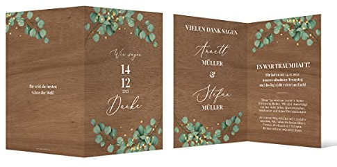 100 x Hochzeit Dankeskarte Danksagungskarten DIN A6 Klappkarte Texte Foto individuell rustikal Holz-Design - Eukalyptus