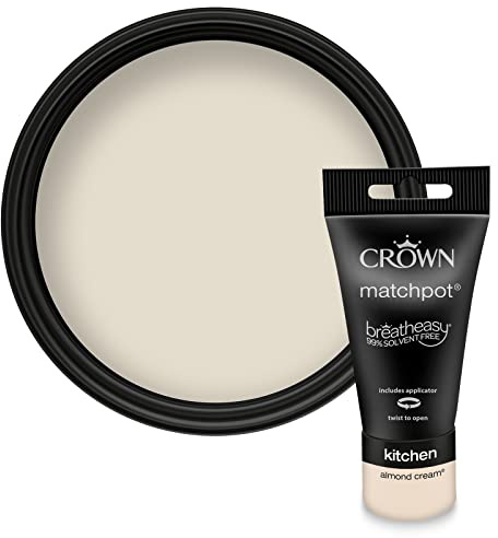 Crown EASYCLEAN KITCHEN Light Cream Matt Paint Tester Pot - Sample 40ml | Try Almond Cream before you buy. Stain resistant matt wall paint sample walls, ceilings, wood & metal. Low VOC