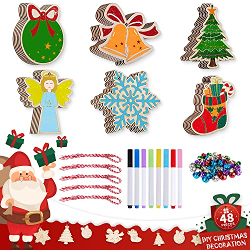 Lanpn Basteln Weihnachten Kinder, Weihnachtsbasteln Set Weihnachtsdeko Deko Weihnachten Weihnachts Holzanhänger Baumanhänger Holz zum Bemalen Erwachsene (48pcs)