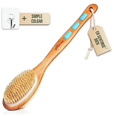 Massea Cepillo de Ducha con Mango - Cepillo de Espalda Doble Cara Cepillo Natural y Cepillo de Nylon - Cepillo de Baño, Cepillo Seco con 3 Almohadillas Antideslizantes - Cepillo Seco