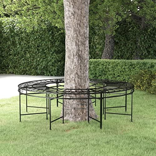 KIPPOT Gartenbank Parkbank Gartenmöbel Stahlrahmen, Baumbank Rund Ø160 cm Schwarz Stahl witterungsbeständig Robust für Terrasse Balkon Schwarz